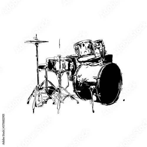 Black and white sketch of a drum musical instrument with transparent background