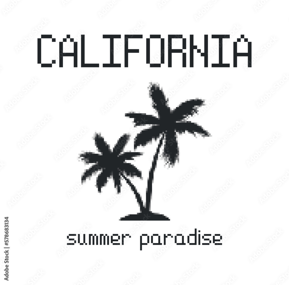 California t-shirt design in pixel art style. Tee shirt print design with pixel palm tree and pixelated text. California apparel and clothing print with pixelated tropical palms. Vector illustration.