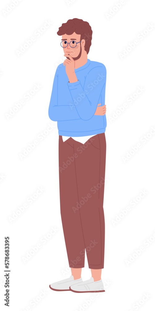 Thinking bearded man rubbing chin semi flat color vector character. Editable figure. Full body person on white. Simple cartoon style spot illustration for web graphic design and animation Thinking bearded man rubbing chin semi flat color vector character. Editable figure. Full body person on white. Simple cartoon style spot illustration for web graphic design and animation