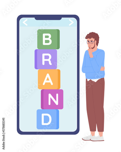 Brand strategist planning digital marketing flat concept vector spot illustration. Editable 2D cartoon character on white for web design. Creative idea for website, mobile. Quicksand font used