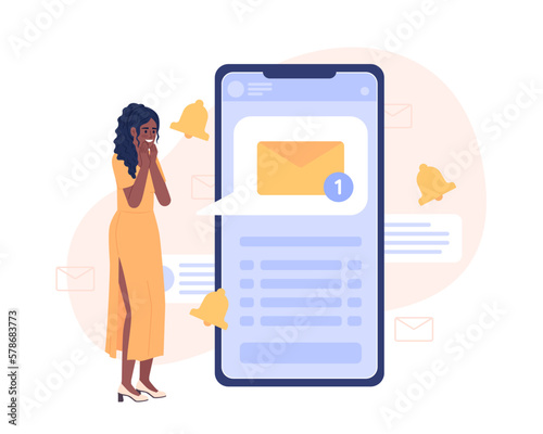 Getting text message on mobile phone flat concept vector spot illustration. Editable 2D cartoon character on white for web design. Notification on messenger app creative idea for website, magazine