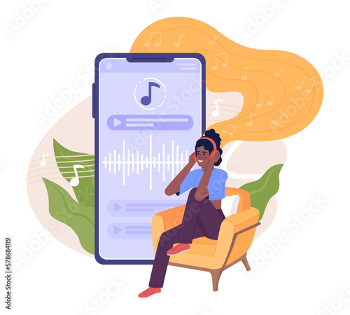 Listening to music online flat concept vector spot illustration. Editable 2D cartoon character on white for web design. Woman with headphones. Stress relief creative idea for website, mobile, magazine