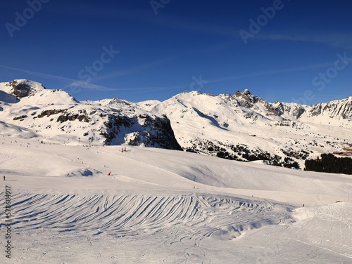 View on a mountain in the Three Valleys which is a ski region in the Tarentaise Valley in the Savoie department of Southeastern France © clement