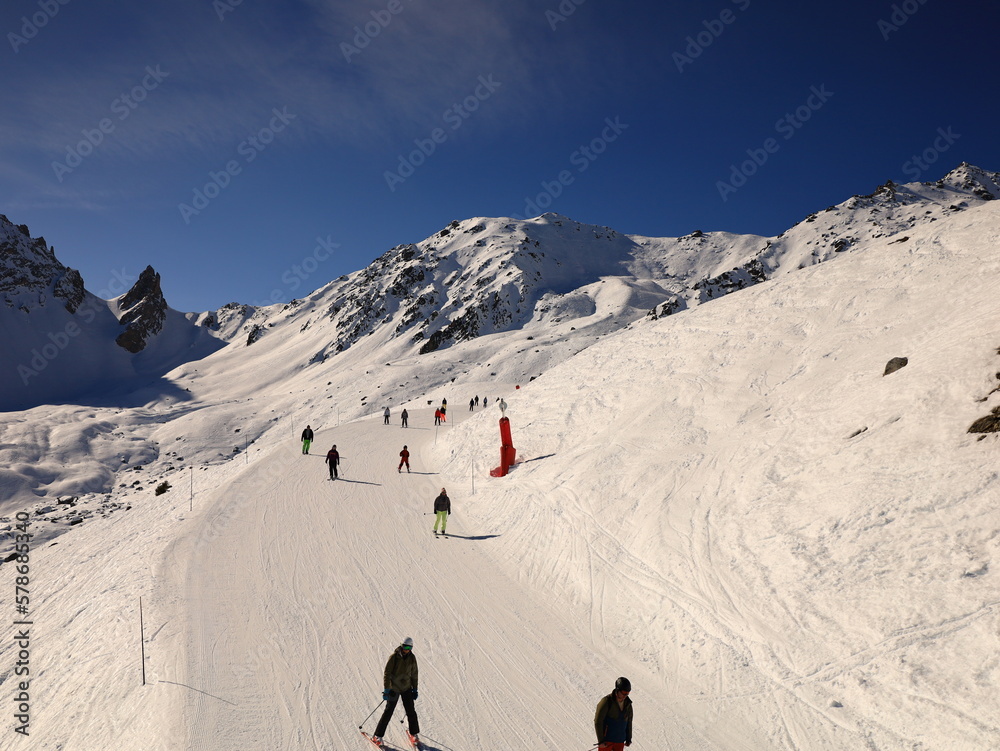 View on a mountain in the Three Valleys which is a ski region in the Tarentaise Valley in the Savoie department of Southeastern France