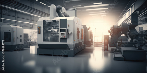 A modern factory with CNC milling machines. A bright ultra clean organized production factory or plant. DX, industry 4.0 concept. Generative AI.