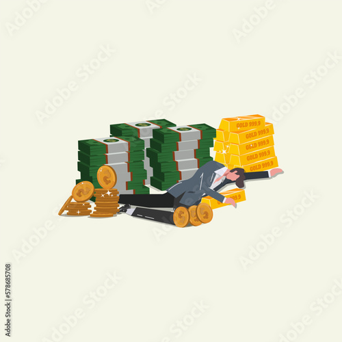 Businessman swooning with money and gold success or greedy illustration concept