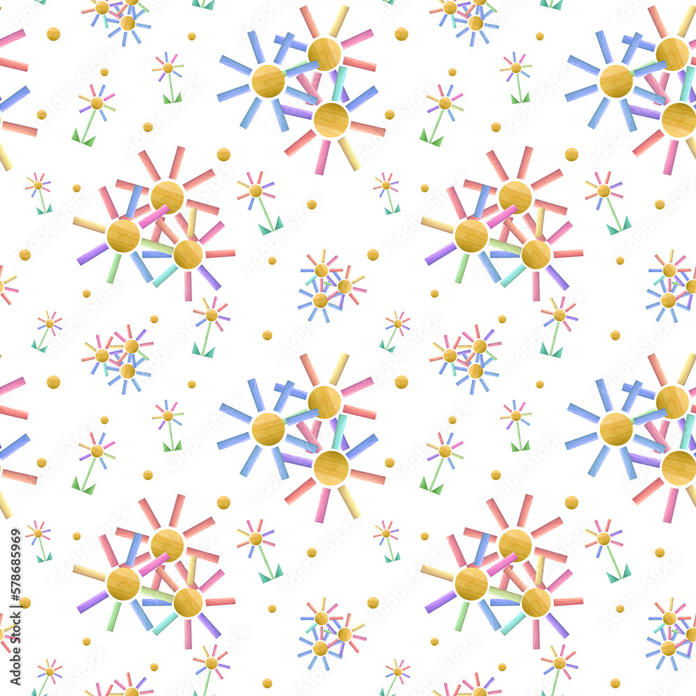 Watercolor seamless pattern of flowers built from wooden bricks. Hand painted illustration isolated on white background. For print, poster, wallpaper, scrapbooking, wrapping, fabric, textile.