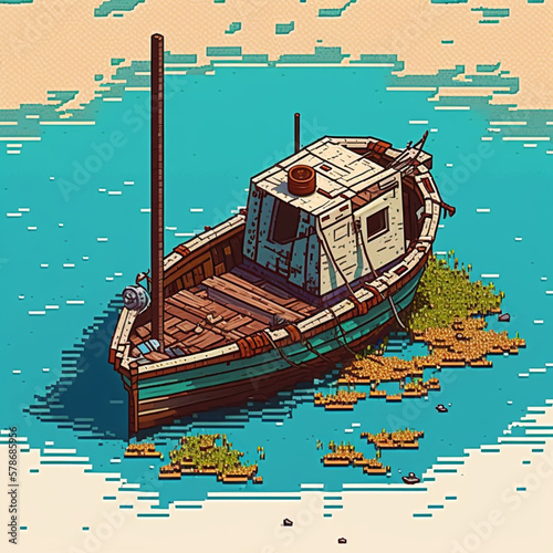 pixel art boat, generative Ai