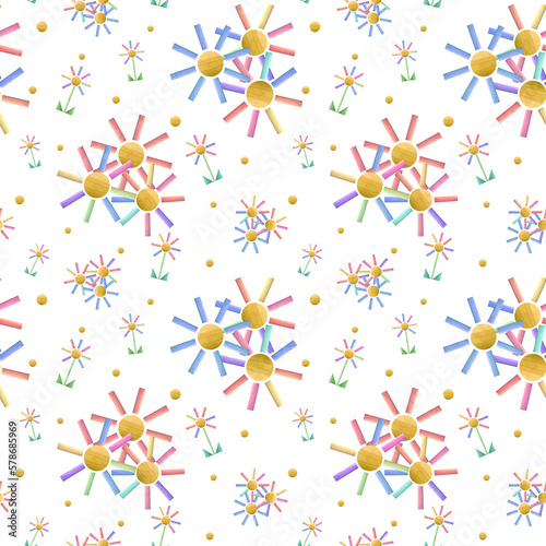 Watercolor seamless pattern of flowers built from wooden bricks. Hand painted illustration isolated on white background. For print, poster, wallpaper, scrapbooking, wrapping, fabric, textile.