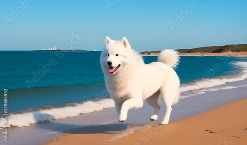 Samoyed dog running along the seashore. Generative AI