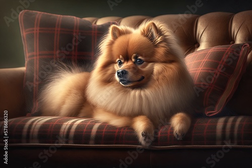 The dog is currently lounging on a beige couch, which is adorned with tartan and presents. In house Pomeranian. A dog lounges on a beige couch. a fluffy, red spitz. Generative AI