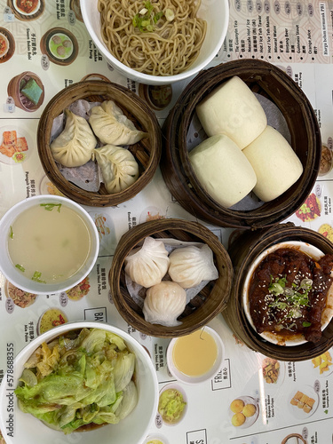Canvas Print Top view, chinese food dump, shrimp hakauu, white sweet mantau, pork dumpling, s