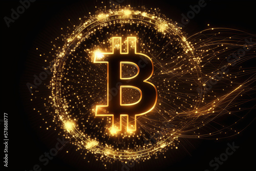 Bitcoin symbol with glowing lights, Cryptocurrencies concept on the dark background, created with Generative AI