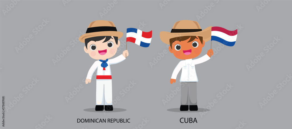 People in national dress.Dominican Republic,Cuba,Set of pairs dressed in traditional costume. National clothes. Vector illustration.