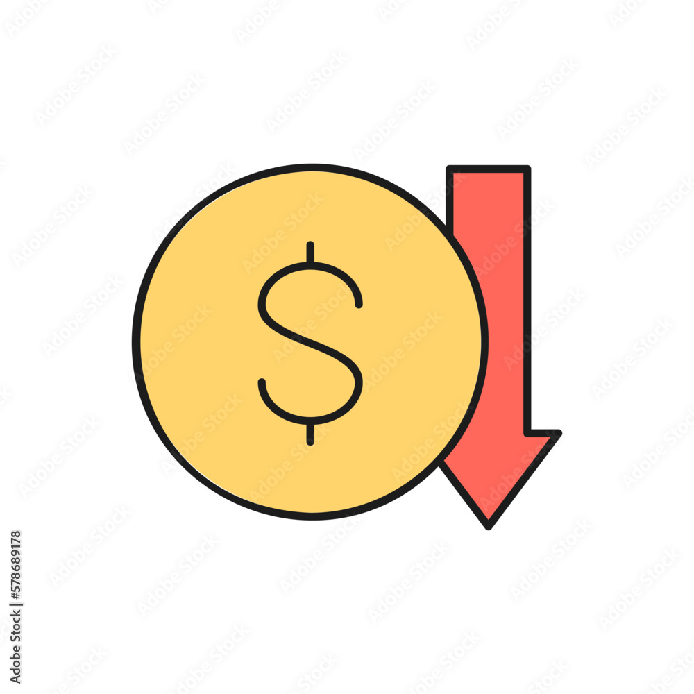Coin with down arrow, money interest rate reduction color lineal icon. Finance, payment, invest finance symbol design. Coin with down arrow, money interest rate reduction color lineal icon. Finance, payment, invest finance symbol design.