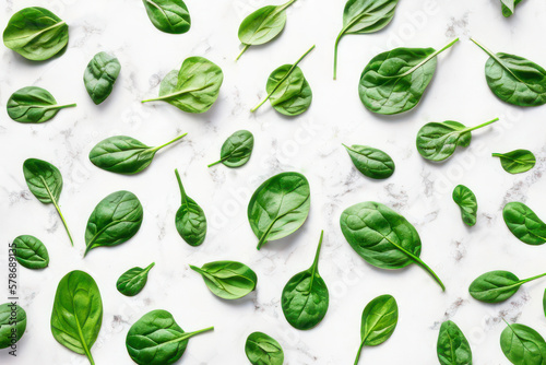 Spinach leaves over a white concrete background. Top view. Flat lay. Close-up. Text copy space.