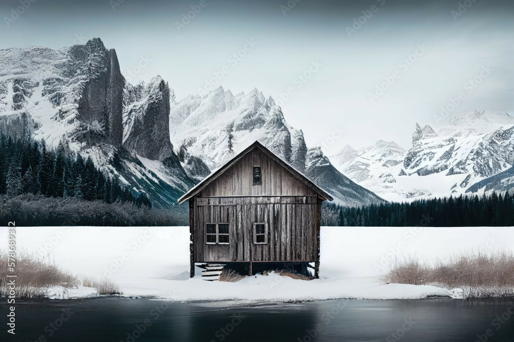 Wooden cabin in snowy forest with frozen lake and mountain view - Generative AI - obrazy, fototapety, plakaty 