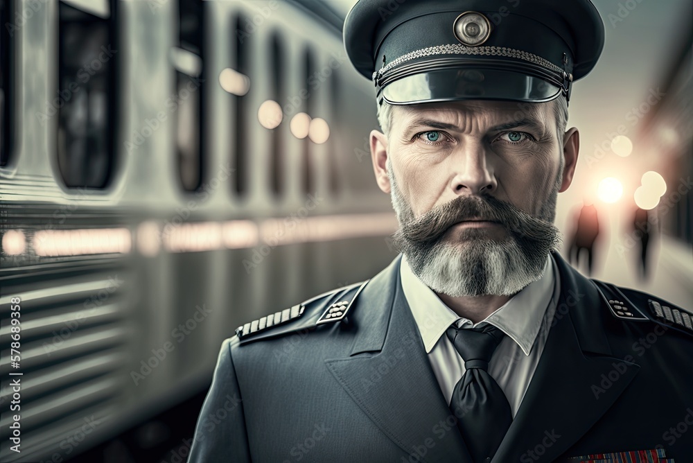 Train driver occupation. Portrait of young professional driver sitting in train cockpit. Ai generative. Train driver occupation. Portrait of young professional driver sitting in train cockpit. Ai generative.