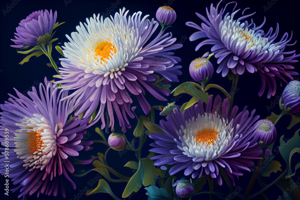 Lilac aster flowers on a black background. Generative AI. Lilac aster flowers on a black background. Generative AI.
