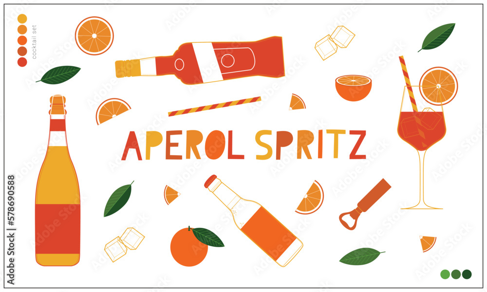 Aperol Spritz Cocktail colored vector illustration set. Orange color  pallette. Vector drawing collection. Simple and minimal design. Icon set.  Stylized elements. Cocktail set collection. Illustration Stock Vector |  Adobe Stock