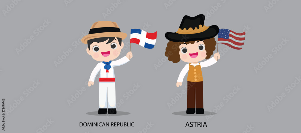 People in national dress.Dominican Republic,Astria,Set of pairs dressed in traditional costume. National clothes. Vector illustration. People in national dress.Dominican Republic,Astria,Set of pairs dressed in traditional costume. National clothes. Vector illustration.