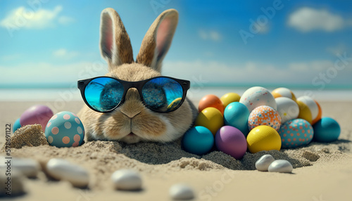 Easter bunny on the beach with easter eggs, Generative AI