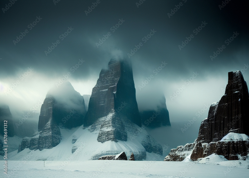 a painting of a castle on top of a mountain, dense volumetric fog, fjords in background, pioneering aesthetic, an epic love affair with doubt - obrazy, fototapety, plakaty 