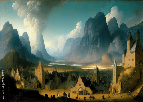 a painting of a castle on top of a mountain, dense volumetric fog, fjords in background, pioneering aesthetic, an epic love affair with doubt