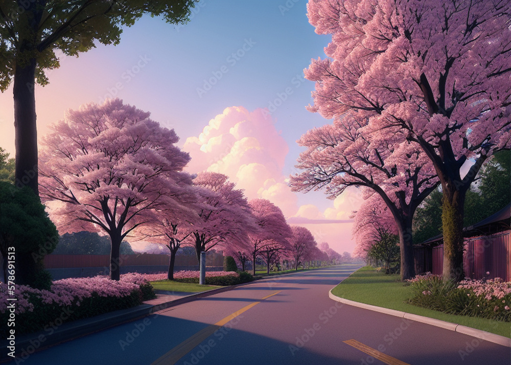 the road with many cherry blossom trees in bloom the road with many cherry blossom trees in bloom