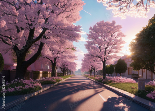 the road with many cherry blossom trees in bloom