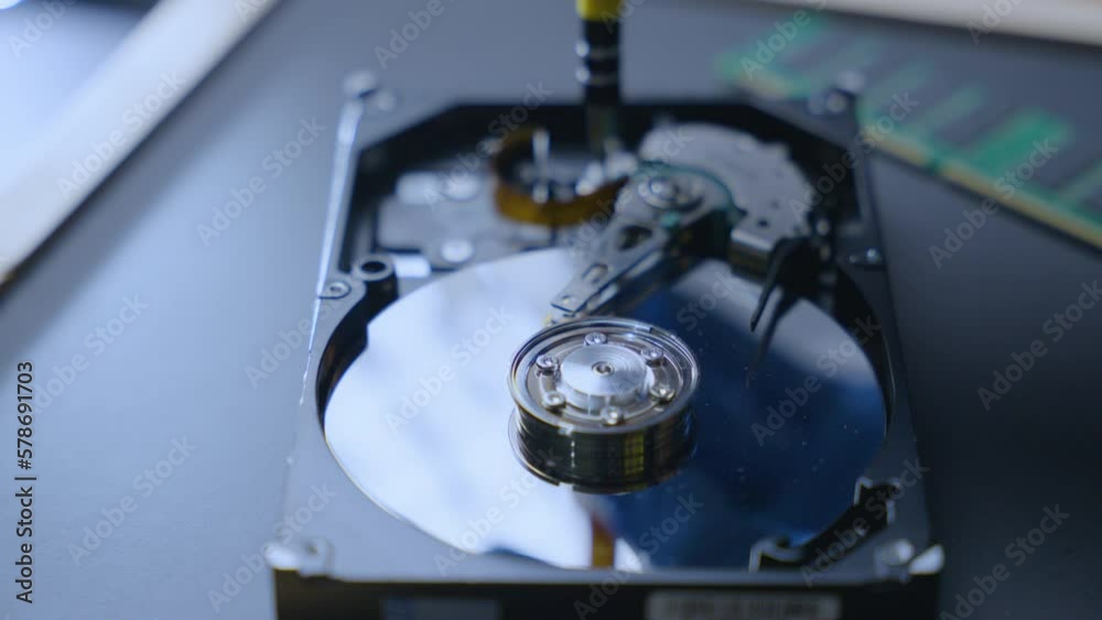 the inside of the hard disk drive in the lab the inside of the hard disk drive in the lab