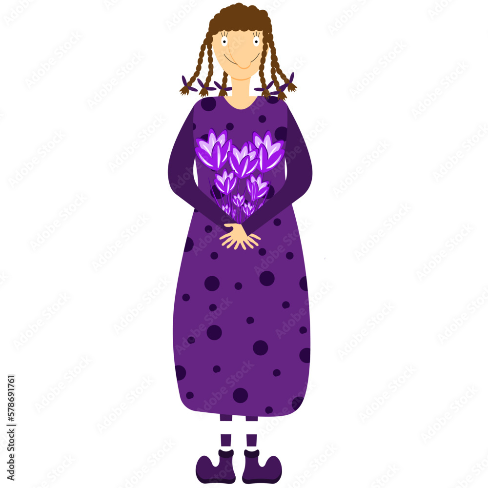 Groovy woman with snowdrops bouquet in the hands on white background. Groovy woman with snowdrops bouquet in the hands on white background.