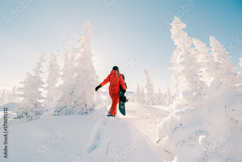 Canvastavla Woman with snowboard on  sunny snowy slope with beautiful spruce forest covered with snow view