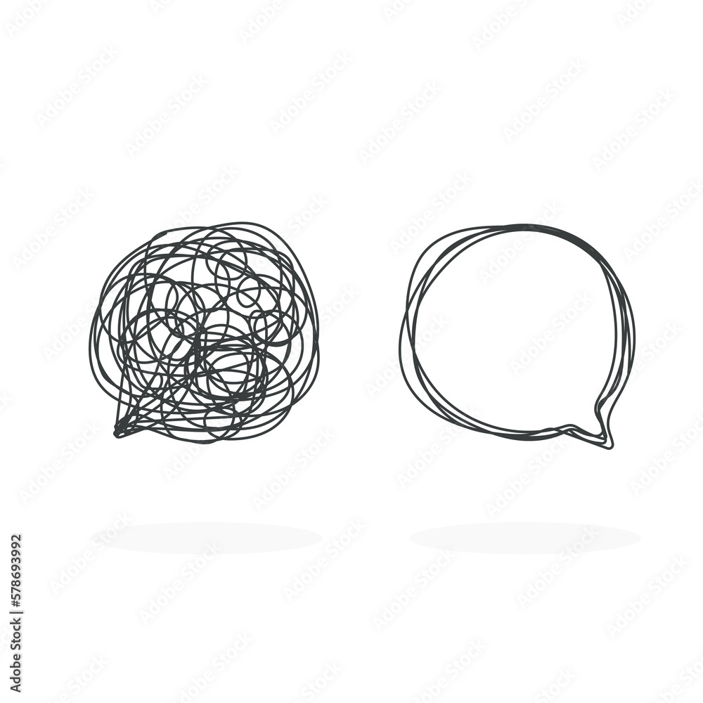 Tangled and untangled speech bubble. Abstract metaphor of complicated way of thinking and simple way. Business problem solving or difficult situation. Vector illustration isolated on white. Tangled and untangled speech bubble. Abstract metaphor of complicated way of thinking and simple way. Business problem solving or difficult situation. Vector illustration isolated on white.