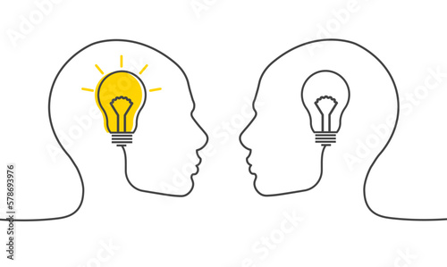 Human abstract line head with bulb lamp. Nonstandard thinking, creative idea concept. Vector illustration isolated on white background.