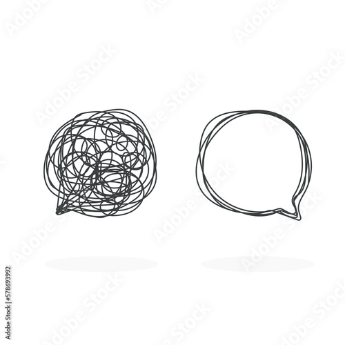 Tangled and untangled speech bubble. Abstract metaphor of complicated way of thinking and simple way. Business problem solving or difficult situation. Vector illustration isolated on white.