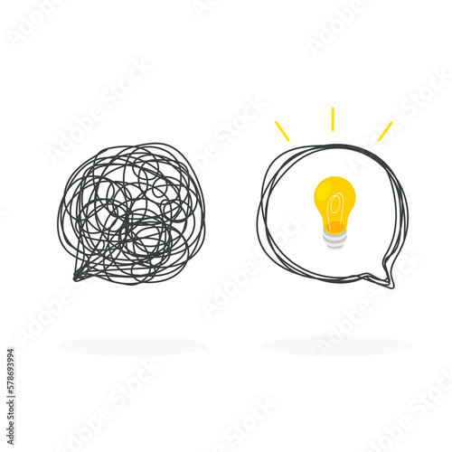 Tangled and untangled speech bubble. Abstract metaphor of complicated way of thinking and simple way. Business problem solving or difficult situation. Idea concept. Vector illustration isolated.
