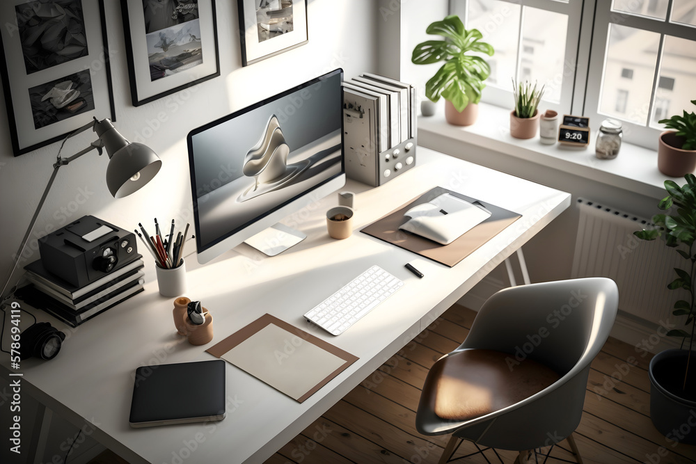 Sleek White Desk in a Modern Home Office with a Computer Perfect