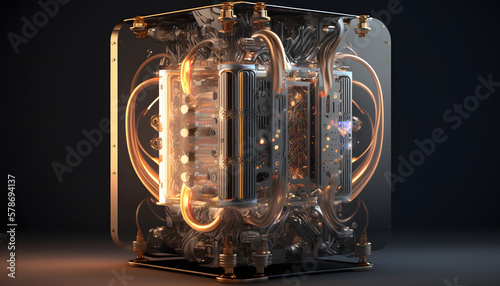 An advanced quantum computer lighting up with orange circuitry and processing power generative AI