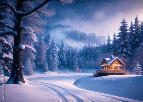 a cabin in the middle of a snowy forest, a cold, wooden houses, snowy, sugar snow
