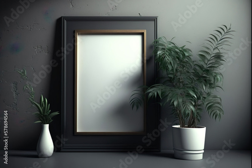 White empty picture frame and plants on vintage dresser against white wall. Generative Ai.