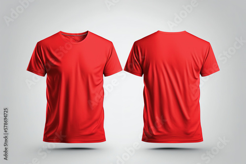 Photo realistic male red t-shirts with copy space, front and back view. Created with Generative AI Technology