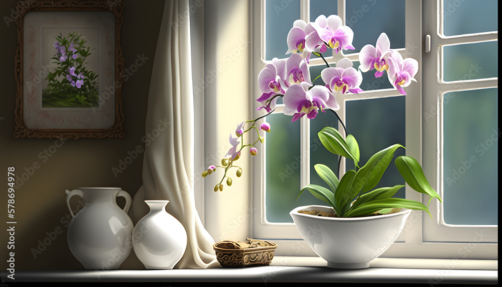 A stunning orchid plant placed on a windowsill inside a bright and beautiful home, with natural light illuminating the leaves and petals Generative AI