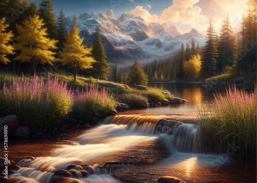 a stream running through a lush green forest, bright yellow and red sun, sunset glow, the most beautiful sunset, water spray, flowing golden scarf, low dark light, yellows,