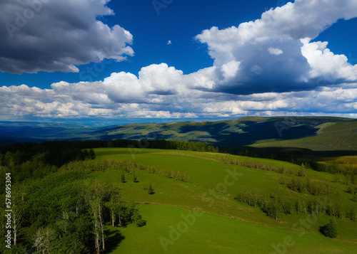 a green field with mountains in the background, prismatic cumulus clouds, boreal forest, widescreen, rocky mountains, without green grass, lush farm lands, test, full width, blue wall