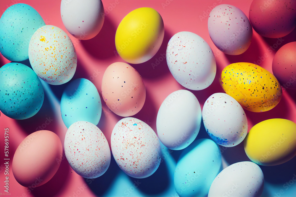 A bunch of colorful easter eggs on a purple background  Generative ai