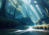 a stream running through a lush green forest, lightbeams shining through, water fog, grey forest in the background, candy forest, blue shadows, forbidden beauty, forests