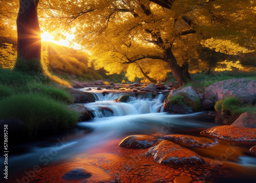 a stream running through a lush green forest, bright yellow and red sun, sunset glow, the most beautiful sunset, water spray, flowing golden scarf, low dark light, yellows,