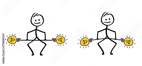 Cartoon stickman, stick figure man and weightlifting. Weightlift, lamp ideas icon. Fitness workout and brainstorm. Weightlifter lifts big or heavyweight barbell. light bulb icon. brain idea.