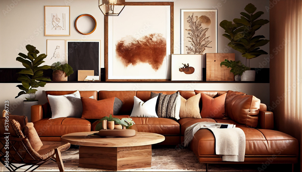 Interior design of a sophisticated and cozy living room with a brown ...